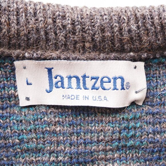 Jantzen Vintage Sweater Men’s L Geometric Pattern Taupe Blue Teal Knit Pullover - Picture 4 of 7